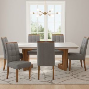 Mesa Liz 160 (Tampo 40 mm) Cinamomo/Off White com 6 Cadeiras Sophia Veludo Preto – VALDEMÓVEIS + WM DECOR