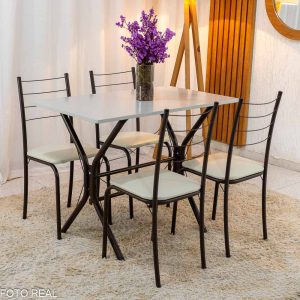 Mesa  Tampo Pedra  4 Cadeiras Assento Creme