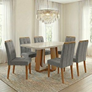 Mesa Sintonia (Tampo Maxi) 170 Amêndoa Clean/Off White com 6 Cadeiras Sophia Veludo  – LOPAS + WM DECOR