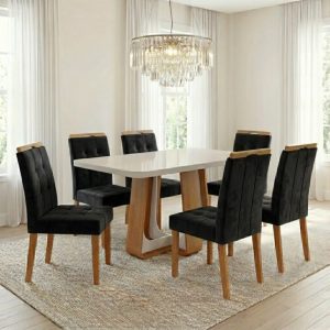 Alternative view of Mesa Sintonia (Tampo Maxi) 170 Amêndoa Clean/Off White com 6 Cadeiras Sophia Veludo  – LOPAS + WM DECOR