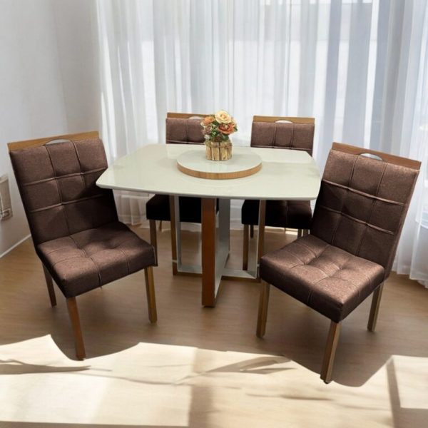 Mesa Atlas Mel/Off White Canto Barril 120×90 com 4 Cadeiras