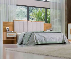 Cabeceira Casal Íris 1.40m Acolchoada Linho Bege e Detalhe Ripado