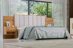 Alternative view of Cabeceira Casal Íris 1.40m Acolchoada Linho Bege e Detalhe Ripado