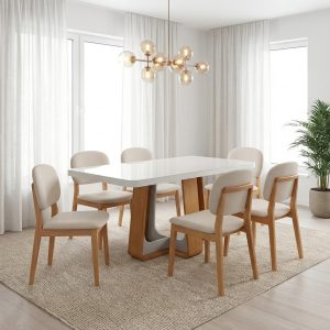 Mesa Sintonia (Tampo Maxi) 170 Amêndoa Clean/Off White com 6 Cadeiras Gaya Linho – LOPAS + J SILVA MÓVEIS