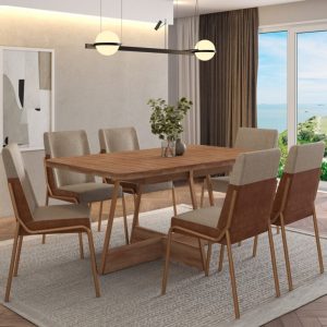 Mesa Átria 1592 Retangular 160 com 6 Cadeiras Hug 1749 Rosê Cobre/Linho Areia/Corino Caramelo – CARRARO