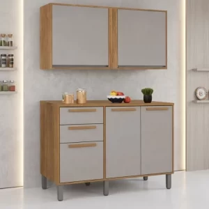 Balcão Flórida cinamomo/Off 3 Portas 2 Gavetas + Aéreo Cozinha Pérola Cinamomo/Off 2 Portas Larg. 1.20m - Sallêto