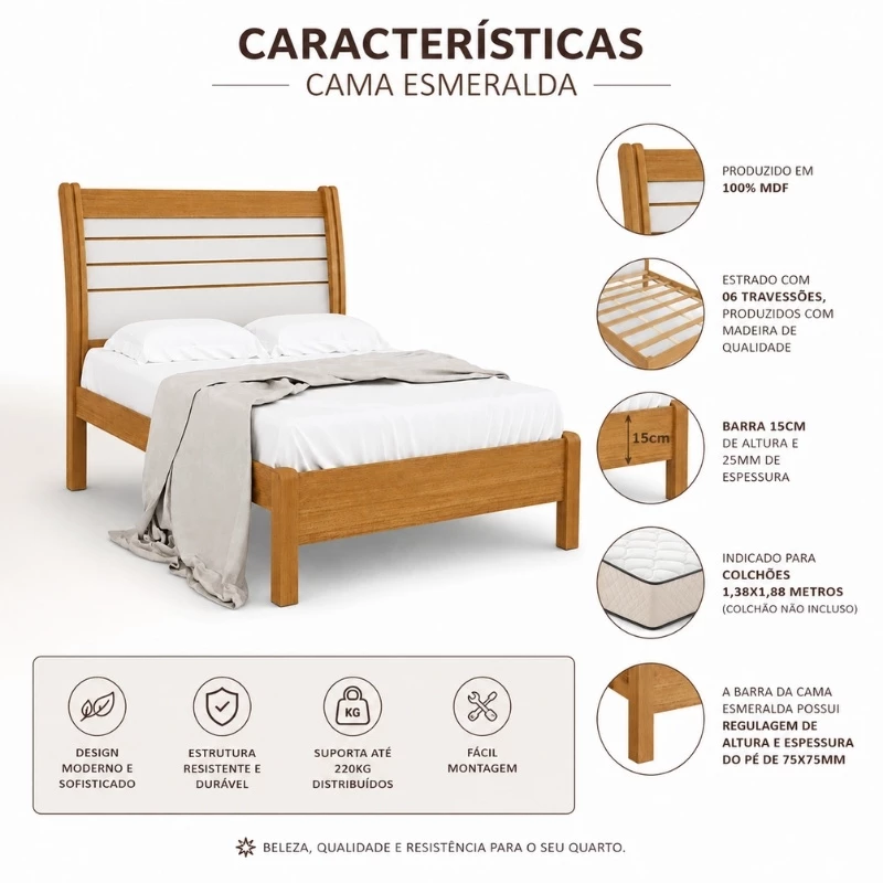 Cama Casal Esmeralda Plus 100% MDF Larg. 1.50m - D Doro (SEM COLCHÃO) - Imagem 3