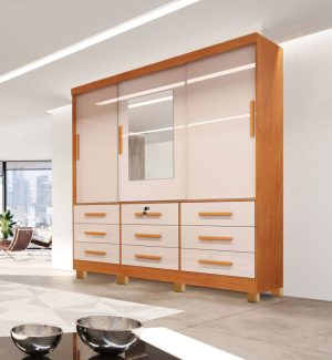 Guarda-Roupa 3 Portas e 9 Gavetas – Nature/Off White