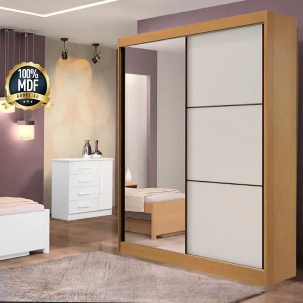 Roupeiro2 Portas c/ 1 espelho 3 Gavetas Larg. 1.85m 100% MDF