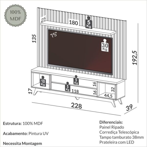 Painel + Rack até 75″ Aurora TB343F Off White/Freijó – DALLA COSTA - Imagem 2