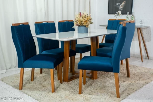Mesa de Jantar  Vidro Off 160×80 6 Cadeiras Madeira Maciça  - Image 4