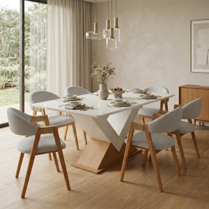 Mesa Amora BA35 160 Canela/Off White com 6 Cadeiras Ravenna - Linho Cinza
