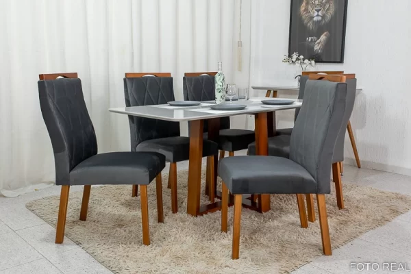 Mesa de Jantar  Vidro Off 160×80 6 Cadeiras Madeira Maciça  - Image 3