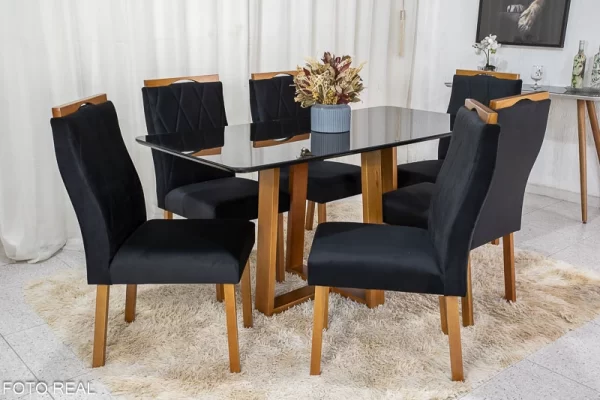 Mesa de Jantar  Vidro Off 160×80 6 Cadeiras Madeira Maciça 