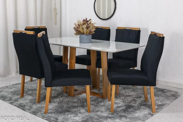 Mesa de Jantar  Vidro Off 160×80 6 Cadeiras Madeira Maciça  - Image 2