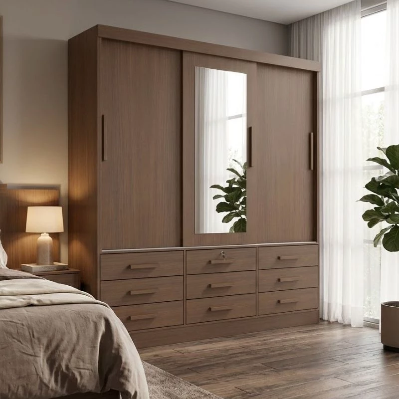 Guarda-roupa Casal Meridian Plus 3 Portas 9 Gavetas C/ 1 Espelho Larg. 2.00m - D Doro - Imagem 2