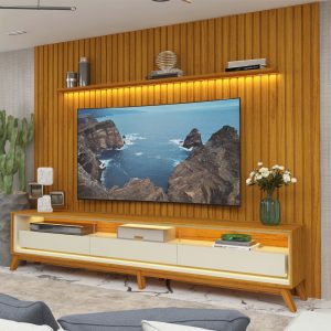 Conjunto Painel Nobre 275 Naturale e Rack Requinte 260 Pes Madeira Naturale.Off White Gelius