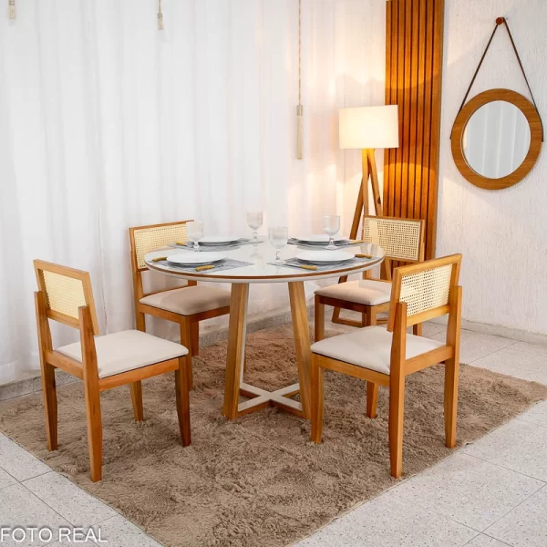Mesa de Jantar Atlanta Redonda 120cm Vidro Off/Base Madeira + 4 Cad. Santorini Linho - Imagem 2