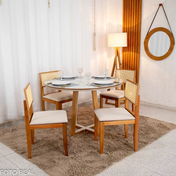 Mesa de Jantar Atlanta Redonda 120cm Vidro Off/Base Madeira + 4 Cad. Santorini Linho - Imagem 3