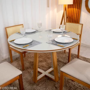 Mesa de Jantar Atlanta Redonda 120cm Vidro Off/Base Madeira + 4 Cad. Santorini Linho