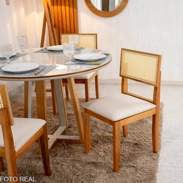 Mesa de Jantar Atlanta Redonda 120cm Vidro Off/Base Madeira + 4 Cad. Santorini Linho - Imagem 4
