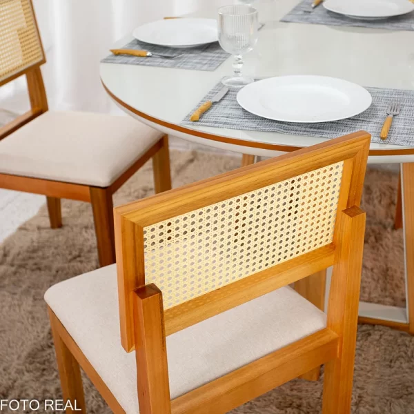 Mesa de Jantar Atlanta Redonda 120cm Vidro Off/Base Madeira + 4 Cad. Santorini Linho - Imagem 6