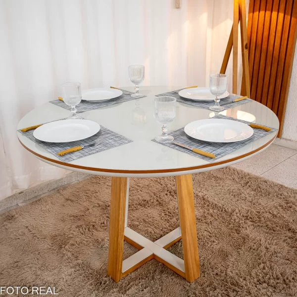 Mesa de Jantar Atlanta Redonda 120cm Vidro Off/Base Madeira + 4 Cad. Santorini Linho - Imagem 7