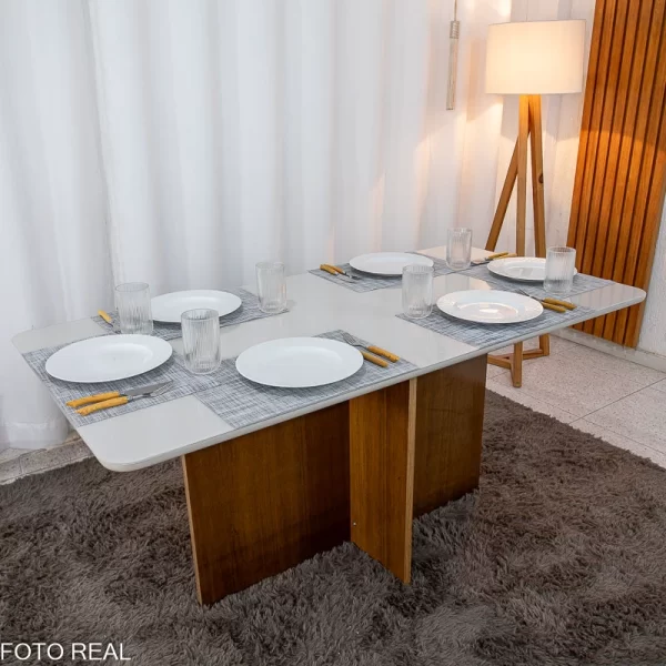 Mesa de Jantar Moscou 160x80 Vidro Off/Base Cinamomo + 6 Cadeiras - Imagem 5
