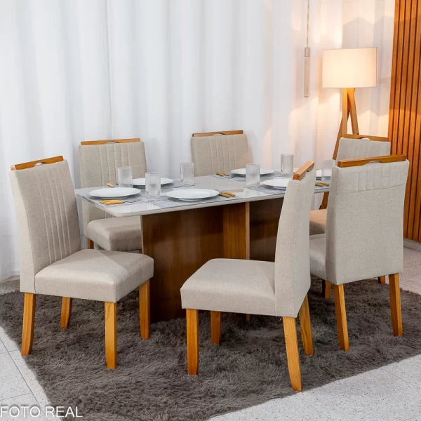 Mesa de Jantar Moscou 160x80 Vidro Off/Base Cinamomo + 6 Cadeiras