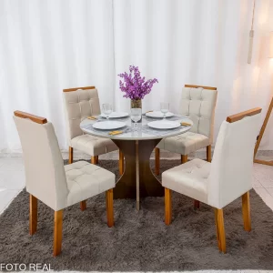 Mesa de Jantar Siena Redonda 100cm Vidro Off/Base Cinamomo + 4 Cad.