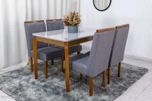 Mesa de Jantar Tampo Vidro Off 120×80 4 Cadeiras Madeira Maciça
