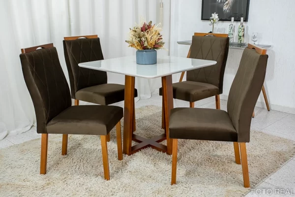 Mesa de Jantar 4 Cadeiras Veludo   Madeira Maciça - Image 9