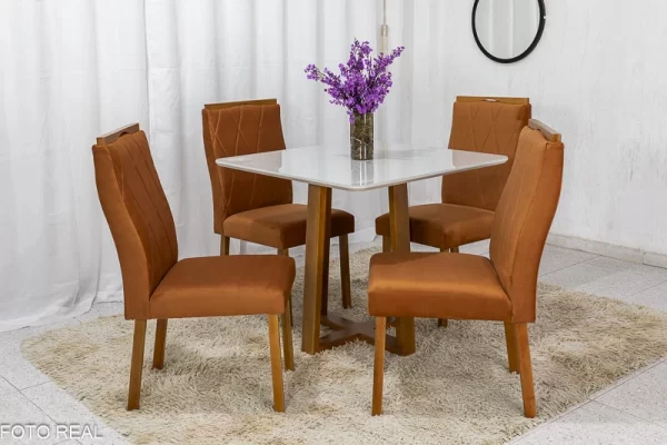Mesa de Jantar 4 Cadeiras Veludo   Madeira Maciça - Image 8