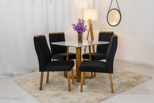Mesa de Jantar 4 Cadeiras Veludo   Madeira Maciça - Image 7