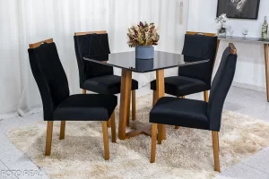 Mesa de Jantar 4 Cadeiras Veludo   Madeira Maciça
