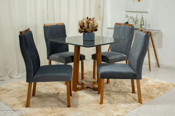 Mesa de Jantar 4 Cadeiras Veludo   Madeira Maciça - Image 4