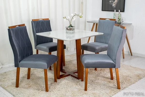 Mesa de Jantar 4 Cadeiras Veludo   Madeira Maciça - Image 3