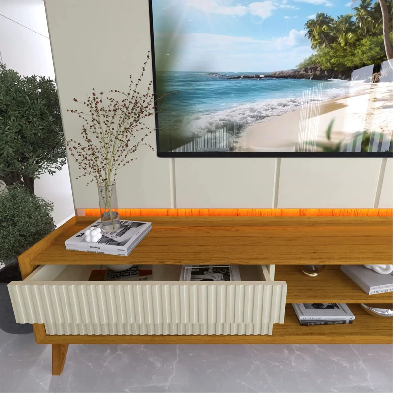 Rack Magnífico 212 Larg. 2.18m + Painel Magnífico 220 Nature/Off C/LED e Detalhe Ripado - Gelius - Imagem 3